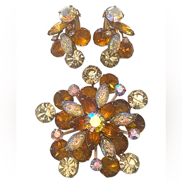 Vintage 1950s Amber Art Glass Rhinestone Brooch Earrings Set Clip On Demi Parure - Picture 1 of 5
